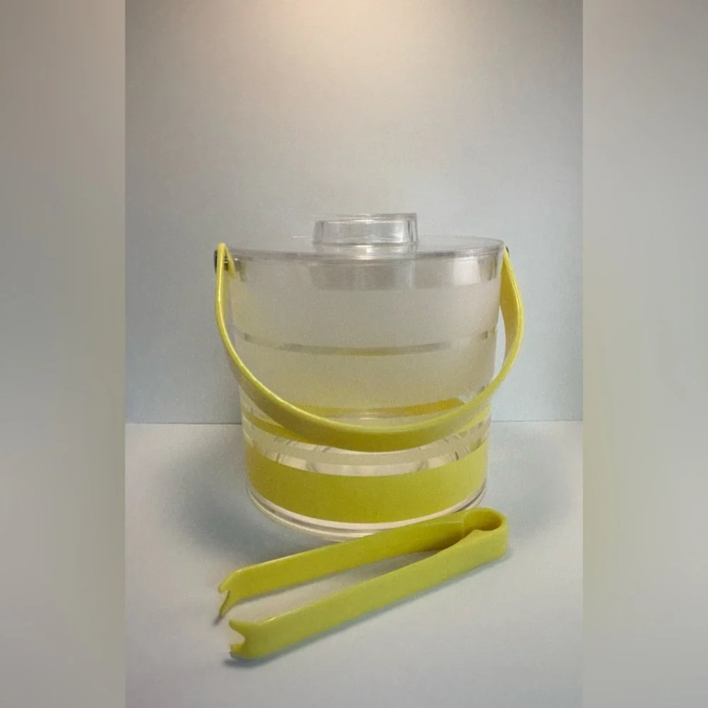 Mid-Century Modern Handled Ice Bucket & Lid Yellow Retro Acrylic Wellington